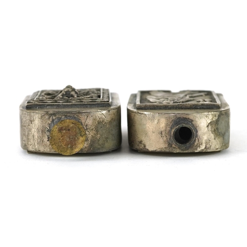 1321 - Pair of Chinese silvered metal scent bottles, character marks to the bases, each 6cm high