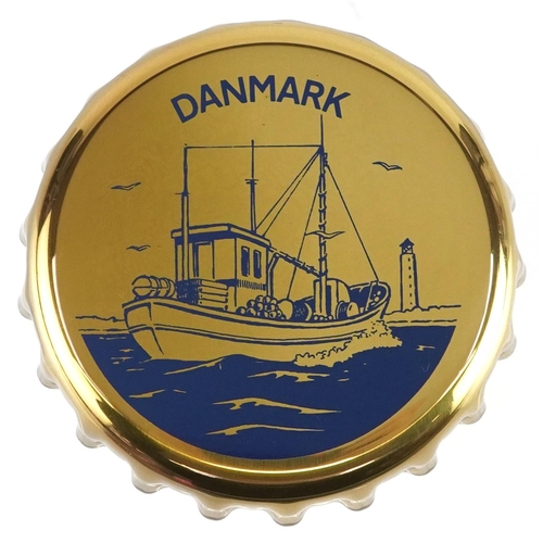 1474 - Danmar brass novelty bottle cap designed by Georg Jensen 1981, 7cm in diameter