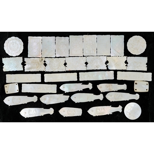 203 - Selection of Chinese mother of pearl counters including fishes, the largest 5.5cm