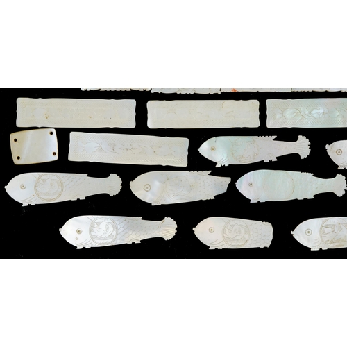 203 - Selection of Chinese mother of pearl counters including fishes, the largest 5.5cm