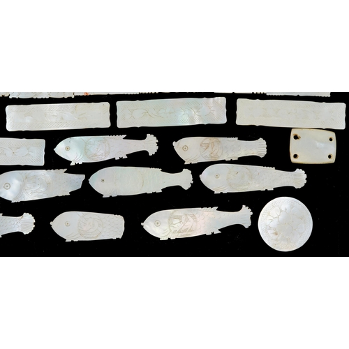 203 - Selection of Chinese mother of pearl counters including fishes, the largest 5.5cm