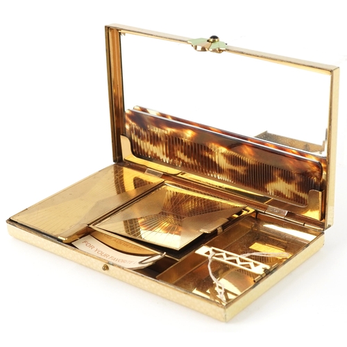 1220 - Stylish metal ladies compact with mirrored gilt interior, 15cm x 9cm