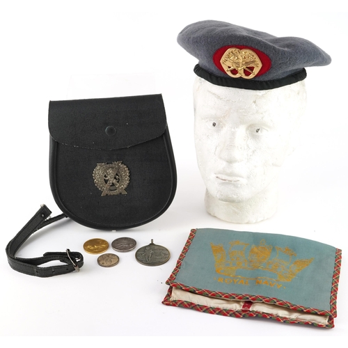 1778 - Naval interest silk and cloth pouch, sporting medals, cap and London Scottish leather shoulder bag, ... 