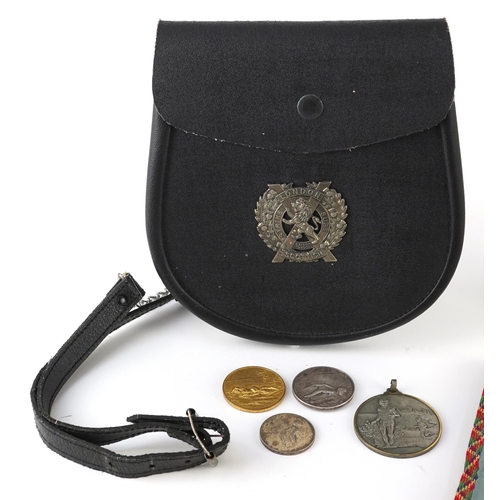 1778 - Naval interest silk and cloth pouch, sporting medals, cap and London Scottish leather shoulder bag, ... 