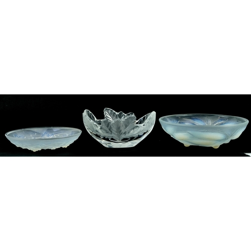 246 - Lalique frosted leaf design dish, etched mark to the reverse, opalescent bowl with cherries and a si... 