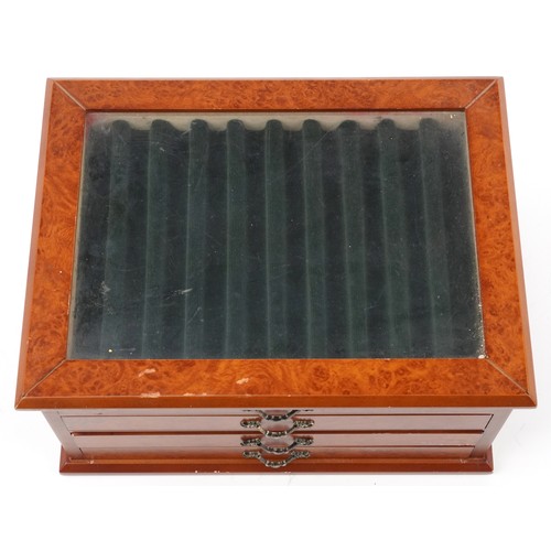 2743 - Wooden velvet lined jewellery box, 15cm H x 27cm W x 21cm D