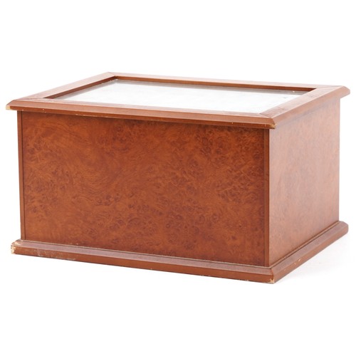 2743 - Wooden velvet lined jewellery box, 15cm H x 27cm W x 21cm D