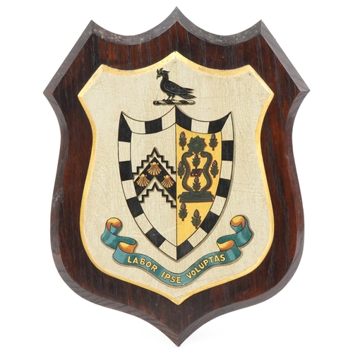 311 - Vintage hand painted oak shield with crest Labor Ipse Voluptas, 38cm x 28cm