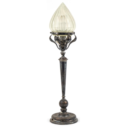 242 - Edwardian silver plated table lamp with Vaseline glass shade, 50cm high