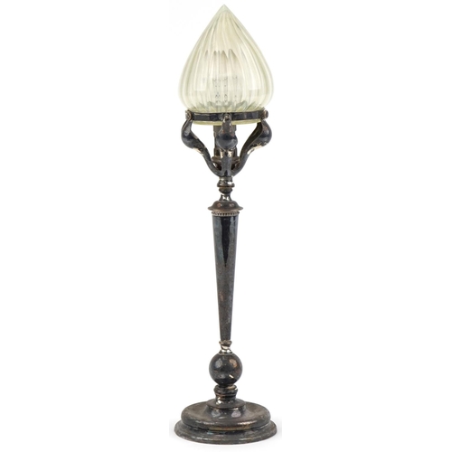 242 - Edwardian silver plated table lamp with Vaseline glass shade, 50cm high