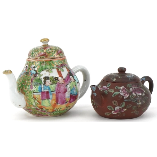 222 - Chinese Canton miniature teapot together with a miniature hand painted Yixing teapot, the largest 9c... 