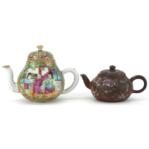 222 - Chinese Canton miniature teapot together with a miniature hand painted Yixing teapot, the largest 9c... 