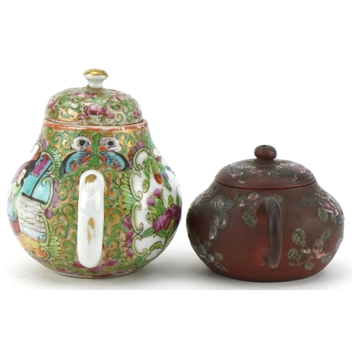 222 - Chinese Canton miniature teapot together with a miniature hand painted Yixing teapot, the largest 9c... 