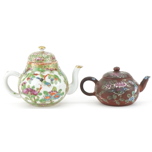 222 - Chinese Canton miniature teapot together with a miniature hand painted Yixing teapot, the largest 9c... 