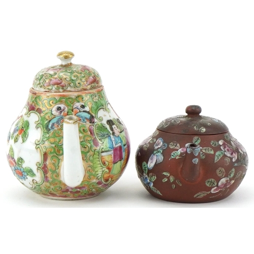 222 - Chinese Canton miniature teapot together with a miniature hand painted Yixing teapot, the largest 9c... 