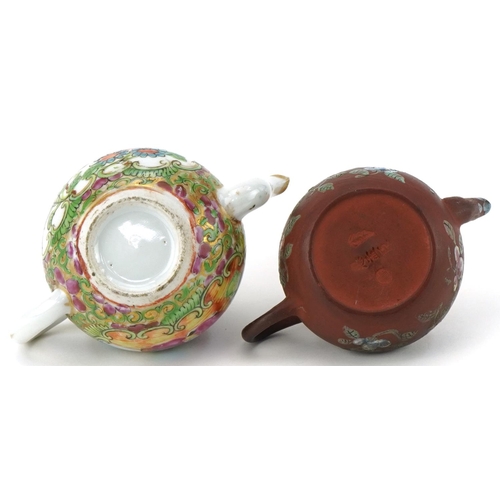 222 - Chinese Canton miniature teapot together with a miniature hand painted Yixing teapot, the largest 9c... 