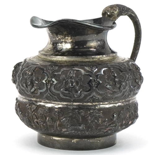 377 - Indian silver jug embossed with gods and hunting scenes with snake handle, 170.0g, 9cm high