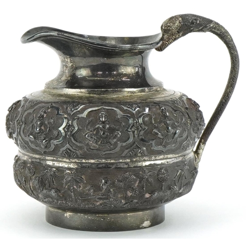 377 - Indian silver jug embossed with gods and hunting scenes with snake handle, 170.0g, 9cm high