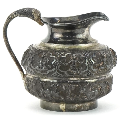 377 - Indian silver jug embossed with gods and hunting scenes with snake handle, 170.0g, 9cm high