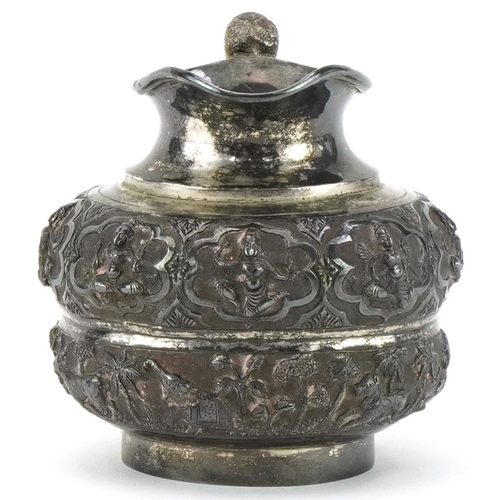 377 - Indian silver jug embossed with gods and hunting scenes with snake handle, 170.0g, 9cm high