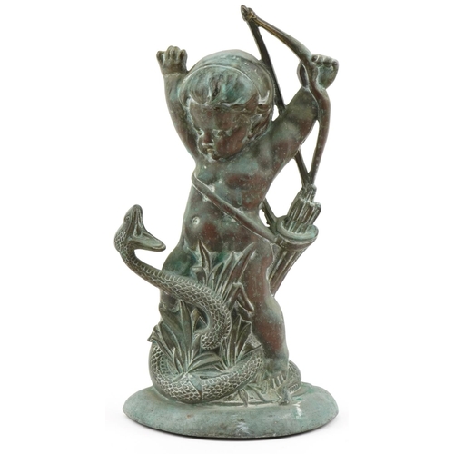 301 - Antique bronze door stop of Cupid fighting a snake, 40cm high