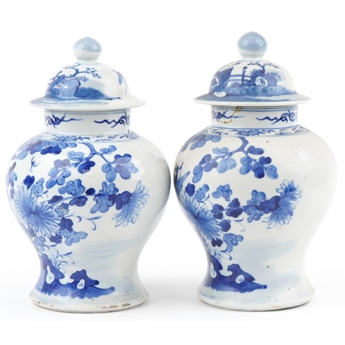 2 - Pair of 18th century Chinese blue and white ginger jars hand painted with birds amongst flowers and ... 