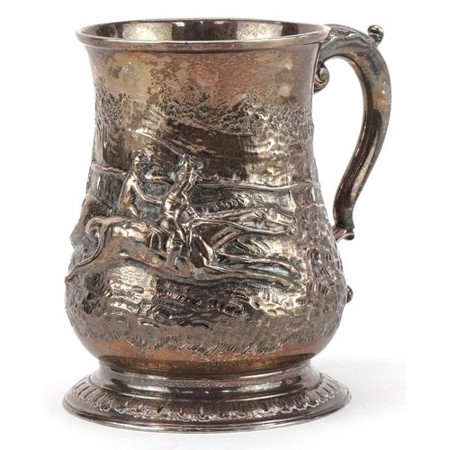 147 - George II silver tankard embossed with jockeys on horseback inscribed For Captain Stephen Williams, ... 