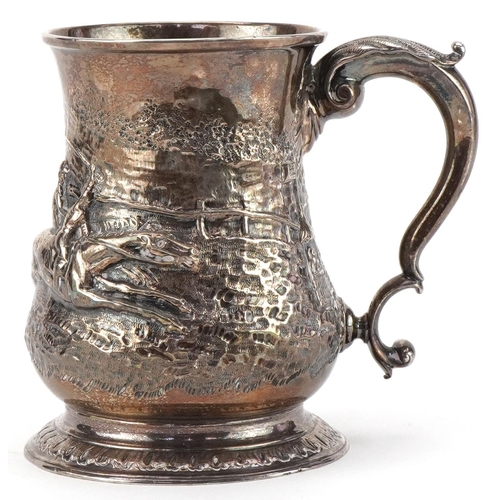 147 - George II silver tankard embossed with jockeys on horseback inscribed For Captain Stephen Williams, ... 