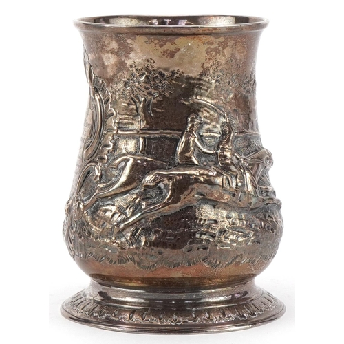 147 - George II silver tankard embossed with jockeys on horseback inscribed For Captain Stephen Williams, ... 