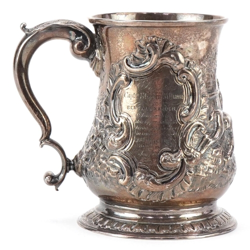 147 - George II silver tankard embossed with jockeys on horseback inscribed For Captain Stephen Williams, ... 