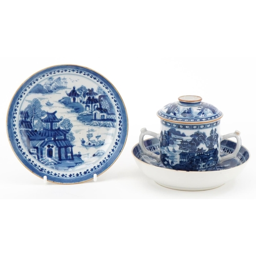 9 - Two 18th century Chinese saucers, a pot pourri and chocolate pot and cover hand painted in the Willo... 