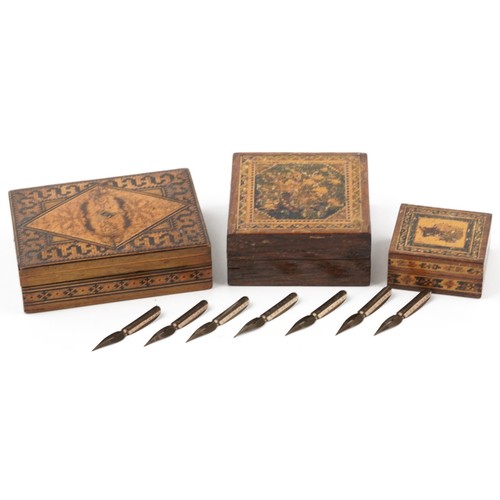 321 - Three Victorian wooden Tunbridge Ware boxes including a stamp box example, the largest 2.5cm H x 8.5... 