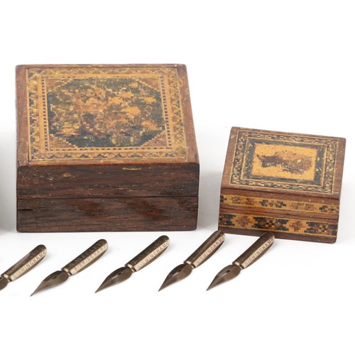 321 - Three Victorian wooden Tunbridge Ware boxes including a stamp box example, the largest 2.5cm H x 8.5... 