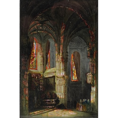 311A - 19th century artists folio, the cover a reverse painting onto glass of a church interior possibly Fr... 