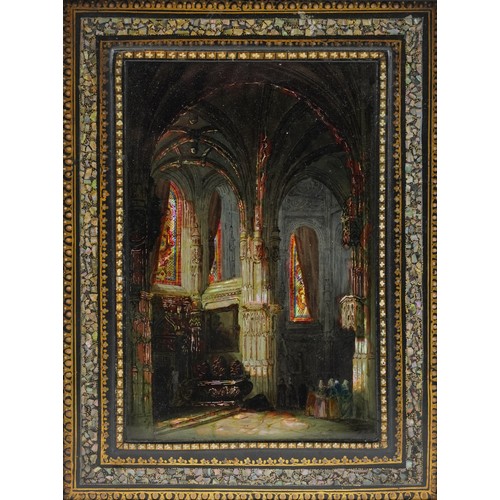 311A - 19th century artists folio, the cover a reverse painting onto glass of a church interior possibly Fr... 