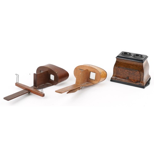 745 - Edwardian walnut stereoscopic viewer together with two wooden stereoscopic viewers, the largest 30cm... 