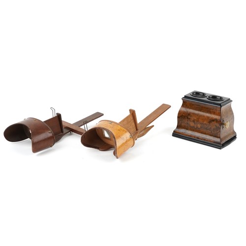 745 - Edwardian walnut stereoscopic viewer together with two wooden stereoscopic viewers, the largest 30cm... 