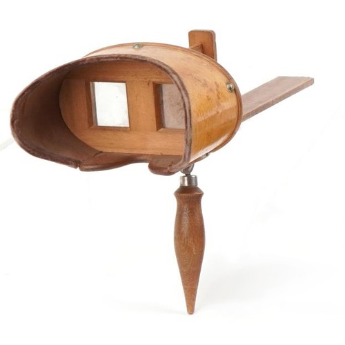 745 - Edwardian walnut stereoscopic viewer together with two wooden stereoscopic viewers, the largest 30cm... 