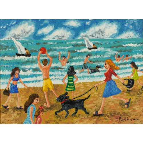 175 - Busy modern beach scene, oil on acrylic  signed Robinson, framed, 38cm x 28cm excluding the frame