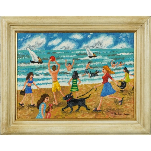 175 - Busy modern beach scene, oil on acrylic  signed Robinson, framed, 38cm x 28cm excluding the frame