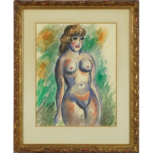 1200 - Circle of John Duncan Fergusson - Nude lady amongst orange trees, watercolour on paper, mounted and ... 