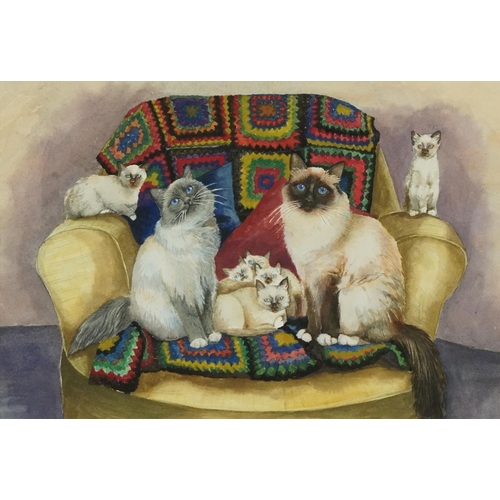 168 - Cats on a sofa with crochet blanket, British school mixed media on paper, mounted and framed, 39cm x... 