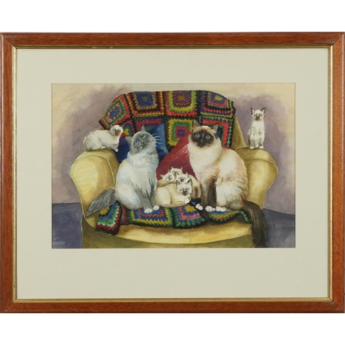 168 - Cats on a sofa with crochet blanket, British school mixed media on paper, mounted and framed, 39cm x... 