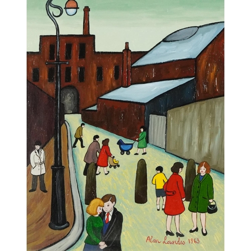 174 - Manner of Alan Lowndes - Busy  industrial scene by The Old Tripe Works, oil on Daler canvas board, f... 