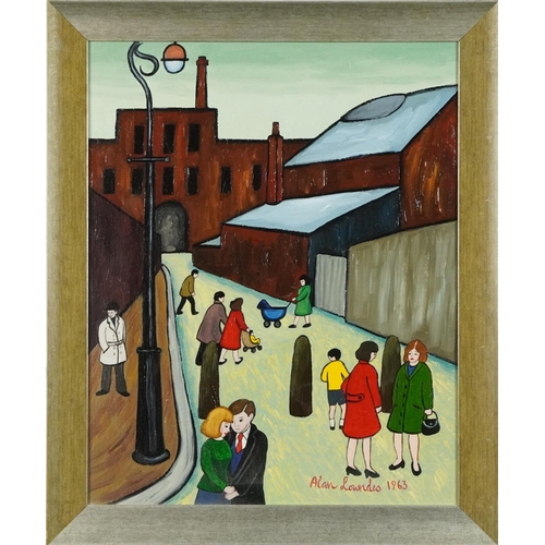 174 - Manner of Alan Lowndes - Busy  industrial scene by The Old Tripe Works, oil on Daler canvas board, f... 