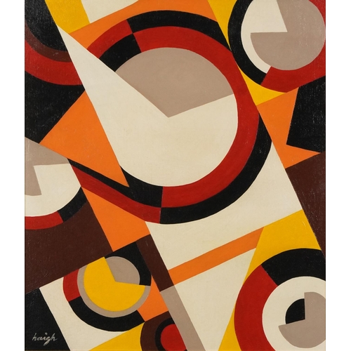 1140 - Manner of Peter Haigh - Geometric abstract oil on canvas board, signed and framed, 46cm x 40cm exclu... 