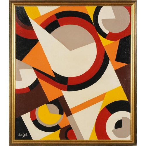 1140 - Manner of Peter Haigh - Geometric abstract oil on canvas board, signed and framed, 46cm x 40cm exclu... 