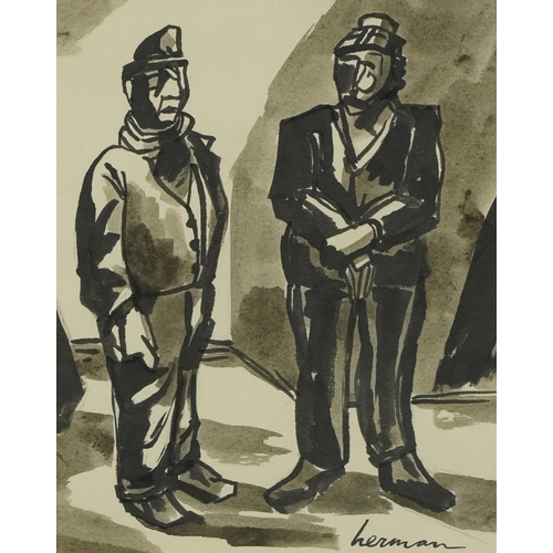 546 - Manner of Josef Herman - Study of two Welsh miners, ink and wash on paper, signed, Herman, mounted a... 