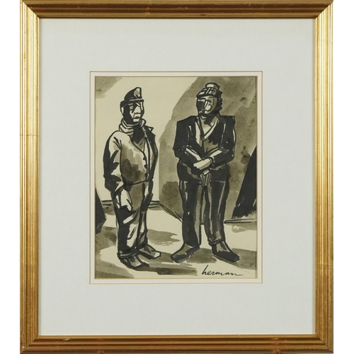 546 - Manner of Josef Herman - Study of two Welsh miners, ink and wash on paper, signed, Herman, mounted a... 