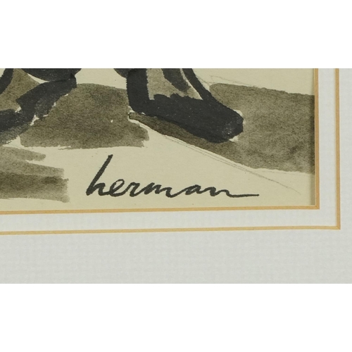 546 - Manner of Josef Herman - Study of two Welsh miners, ink and wash on paper, signed, Herman, mounted a... 